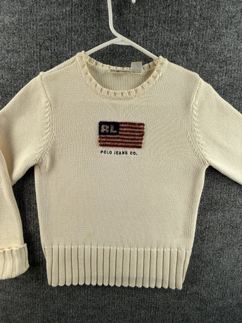 Ralph Lauren USA Flag RLPJC Medium Logo Sweater Ivory Women Pullover Fiji Cotton